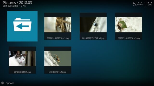 Capture d'écran de l'application Kodi, affichage liste de photos en vue "Mur".