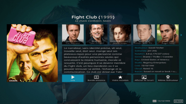 Page informations du film Fight Club dans Kodi
