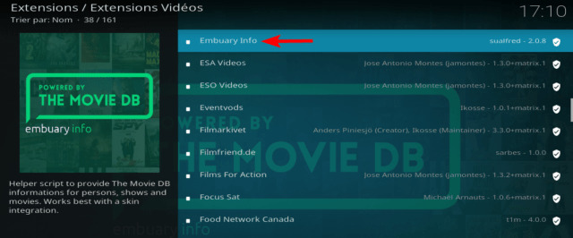 Capture d'écran de l'application Kodi, page Extensions / Extensions Vidéos avec Embuary Info en surbrillance