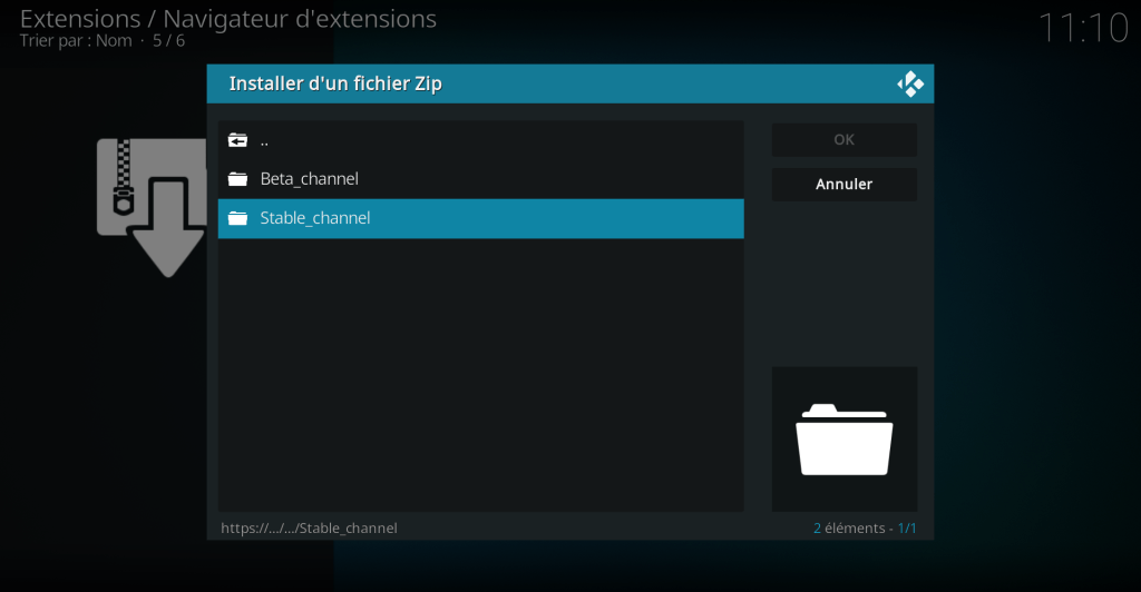 Capture d'écran de l'application Kodi, "Installer depuis un fichier zip" via source de fichiers; choix stable ou beta.