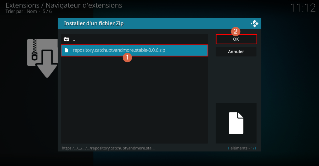 Capture d'écran de l'application Kodi, "Installer depuis un fichier zip" via source de fichiers; choix du fichier.