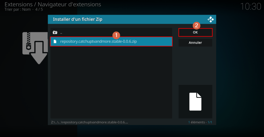 Capture d'écran de l'application Kodi, "Installer depuis un fichier zip"; choix du fichier.