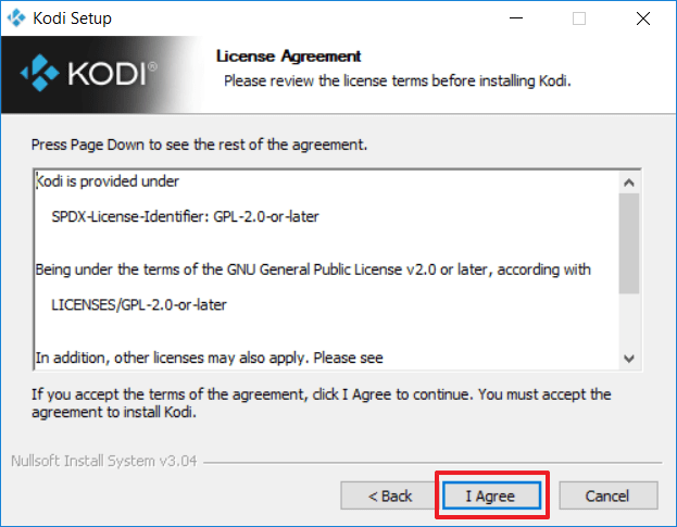 Capture d'écran de l'application Kodi, écran d'installation : acceptation des termes de licence.