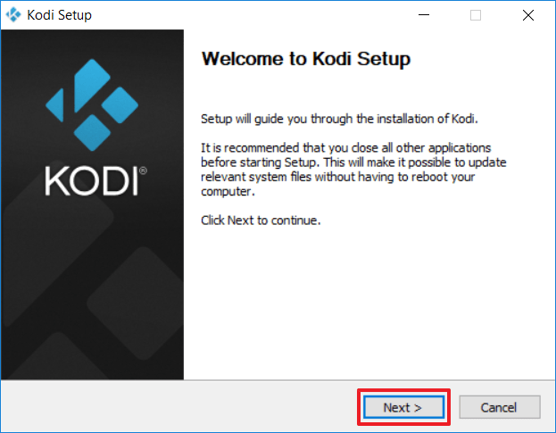 Capture d'écran de l'application Kodi, premier écran de l'installation.