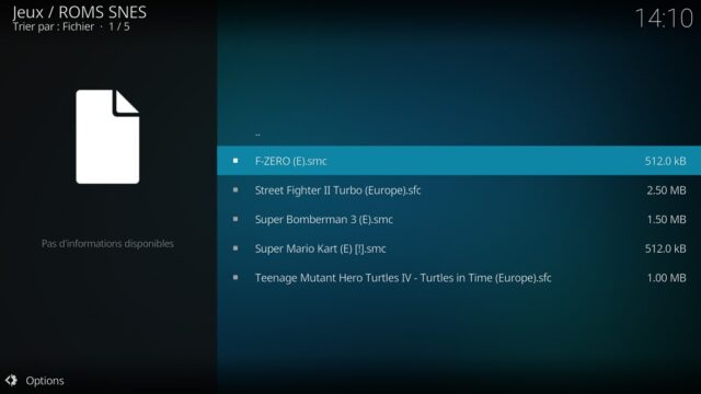 Capture d'écran de l'application Kodi, liste des sources de jeux