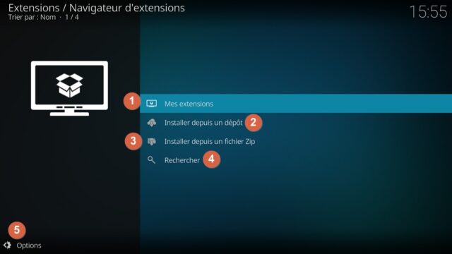 Capture d'écran de l'application "Kodi", navigateur d'extensions.