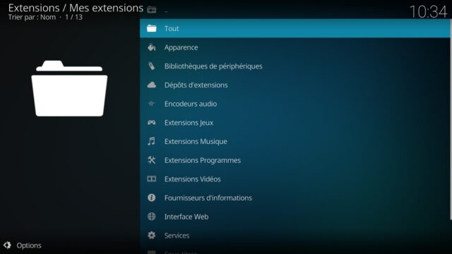 Capture d'écran de l'application Kodi, liste des catégories d'extensions.