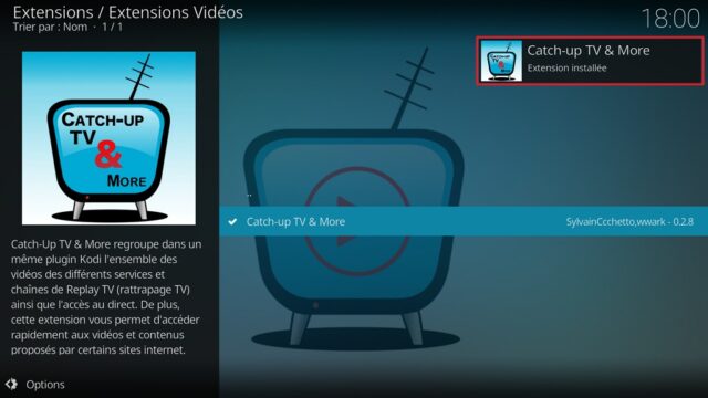Capture d'écran de l'application Kodi, notification "Catch-up TV & More" installée