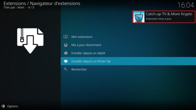 Capture d'écran de l'application Kodi, notification "Catch-up TV : Extension mise à jour".