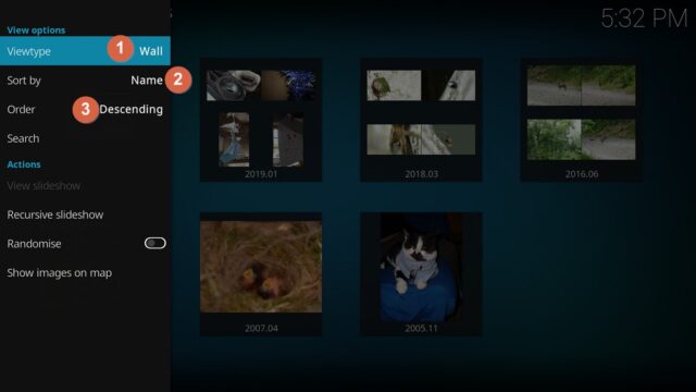 Capture d'écran de l'application Kodi, "Options de vue" du menu latéral des "Images"