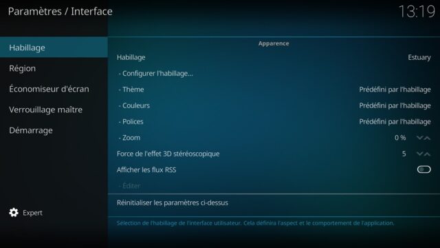 Capture d'écran de l'application Kodi, onglet habillage des paramètres "Interface".