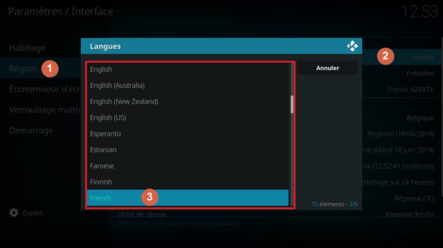 Capture d'écran de l'application Kodi montrant le choix des langues