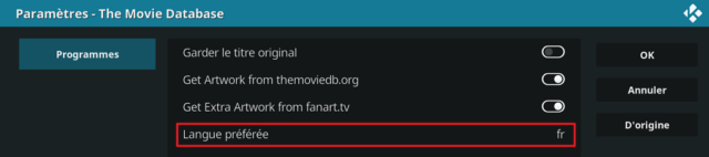 Capture d'écran de l'application Kodi, paramètres de l'extension "The Movie Database".