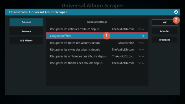Capture d'écran de l'application Kodi, paramètres de l'extension "Universal Scraper", onglet "Général".