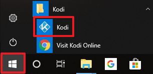 Capture d'écran du menu démarrer de Windows 10 montrant le raccourci Kodi
