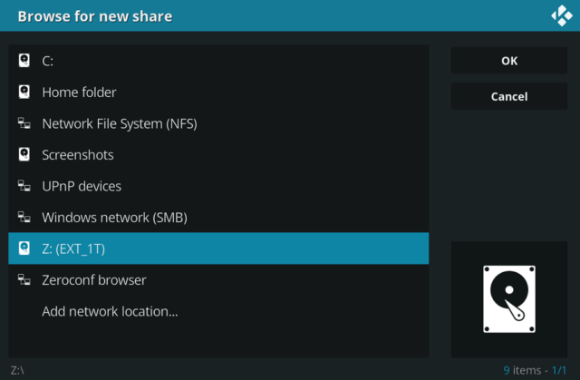 Capture d'écran de l'application Kodi, fenêtre "Rechercher un nouveau partage".