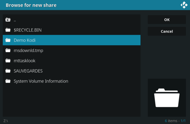 Capture d'écran de l'application Kodi, fenêtre "Rechercher un nouveau partage".