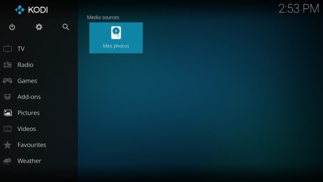 Capture d'écran de l'application Kodi, source "Mes photos" sur l'écran d'accueil.