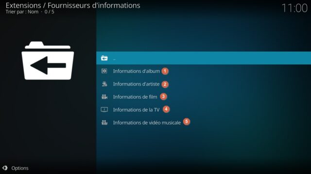Capture d'écran de l'application Kodi, sous-catégories des extensions "Fournisseurs d'informations".