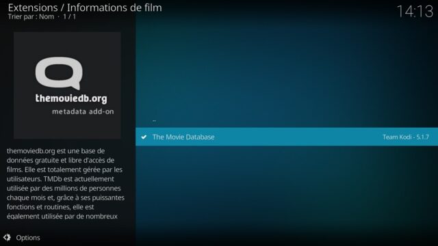 Capture d'écran de l'application Kodi, sous-catégorie "Informations de film" de la catégorie d'extensions "Fournisseurs d'informations".
