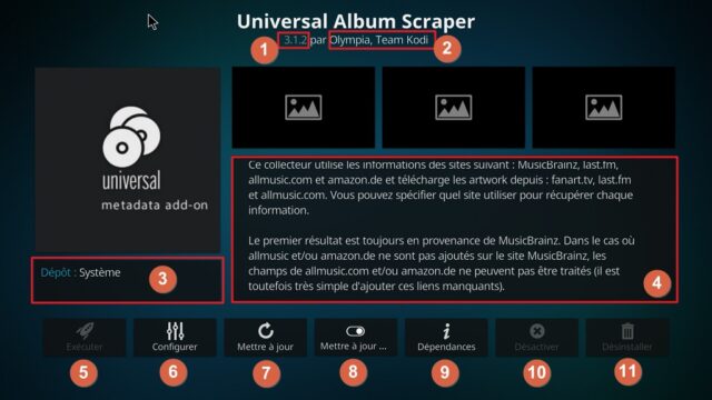 Capture d'écran de l'application Kodi, page de l'extension "Universal Album Scraper".