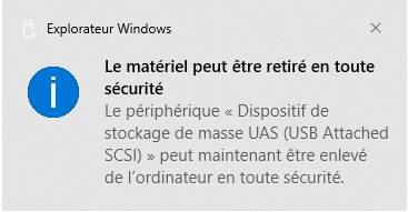 Capture d'écran de la notification Le matériel peut être retiré en toute sécurité (Windows 10)