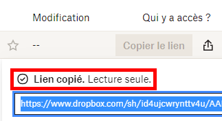 Capture d'écran du site web Dropbox montrant l'information "Lien copié. Lecture seule." et un lieu sélectionné en bleu.