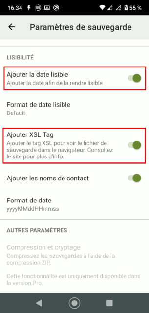 Capture d'écran de l'application Android SMS Backup & Restore, tag XSL et date lisible.