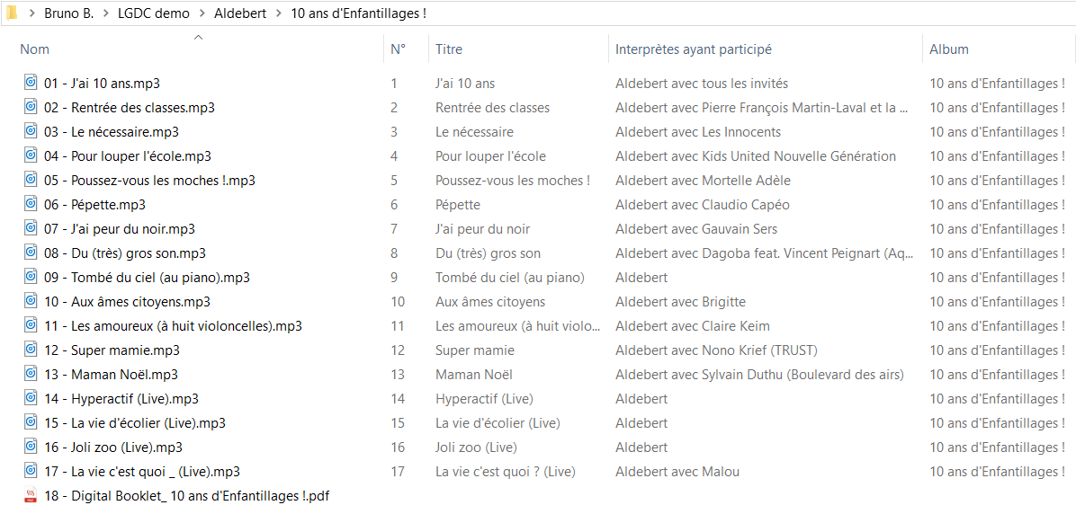 Capture d'écran de l'application explorateur de fichiers Windows, liste des fichiers MP3 achetés sur Amazon.