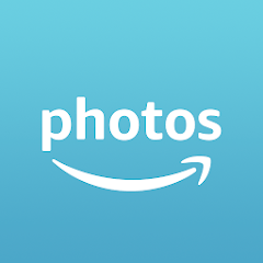 Logo Amazon Photos : texte "photos" en blanc avec flèche en forme de sourire et fond bleu clair