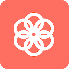 Logo Synology Photos représentant 6 cercles blancs se chevauchant et formant une fleur, le tout sur fond rouge pâle