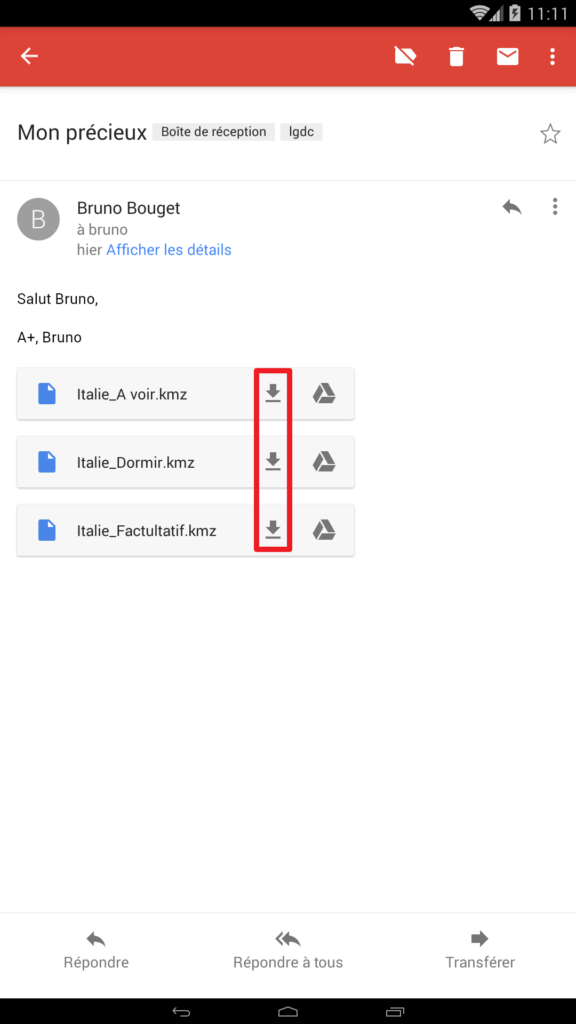 Capture d'écran mail avec fichiers kmz en pièces jointes