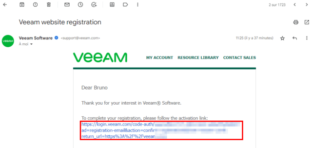 Capture d'écran de l'e-mail Veeam de confirmation d'inscription