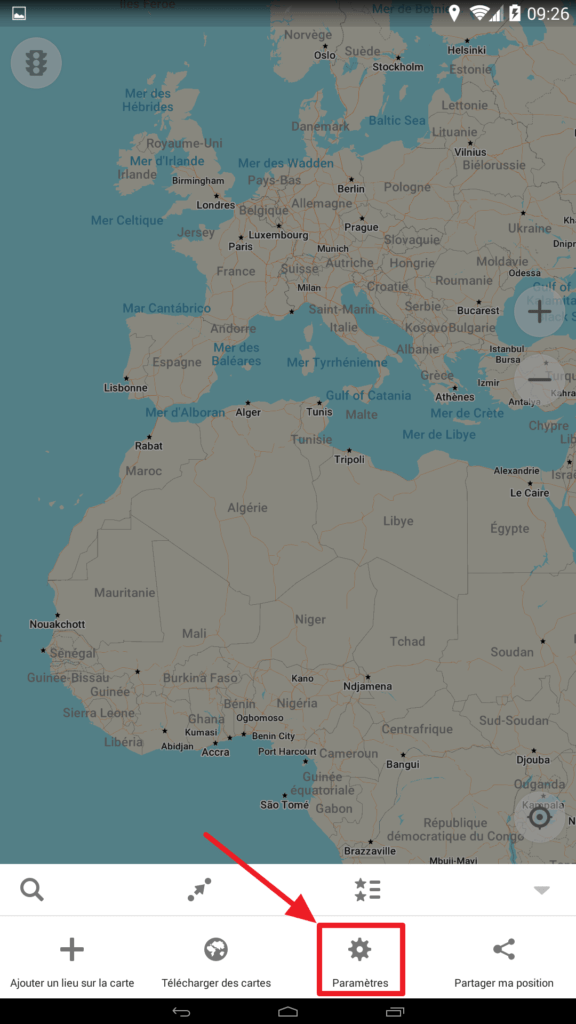 Capture d'écran de l'application Maps.me, bouton paramètres