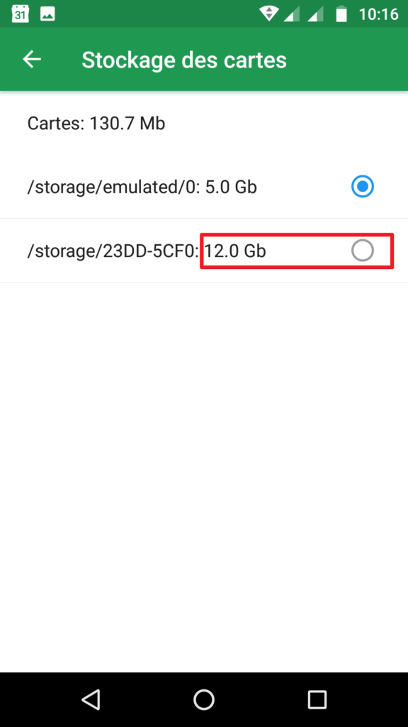 Capture d'écran de l'application Maps.me : choix de l’emplacement de stockage des cartes