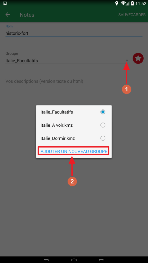 Capture d'écran de l'application Maps.me : ajouter un nouveau groupe de signets.