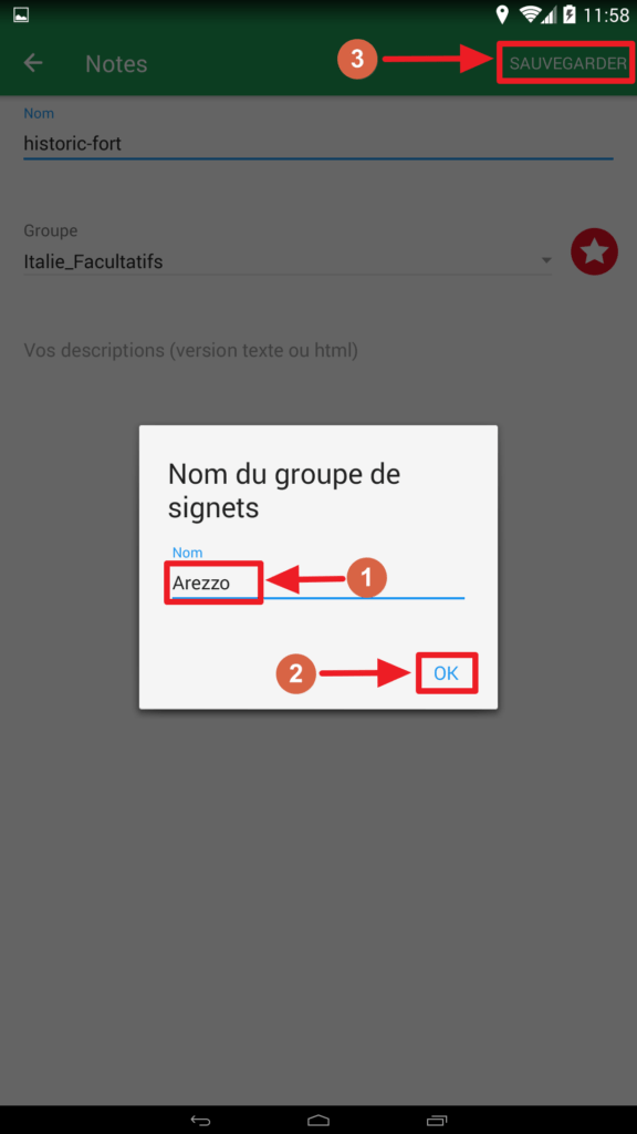 Capture d'écran de l'application Maps.me : nouveau groupe de signets.