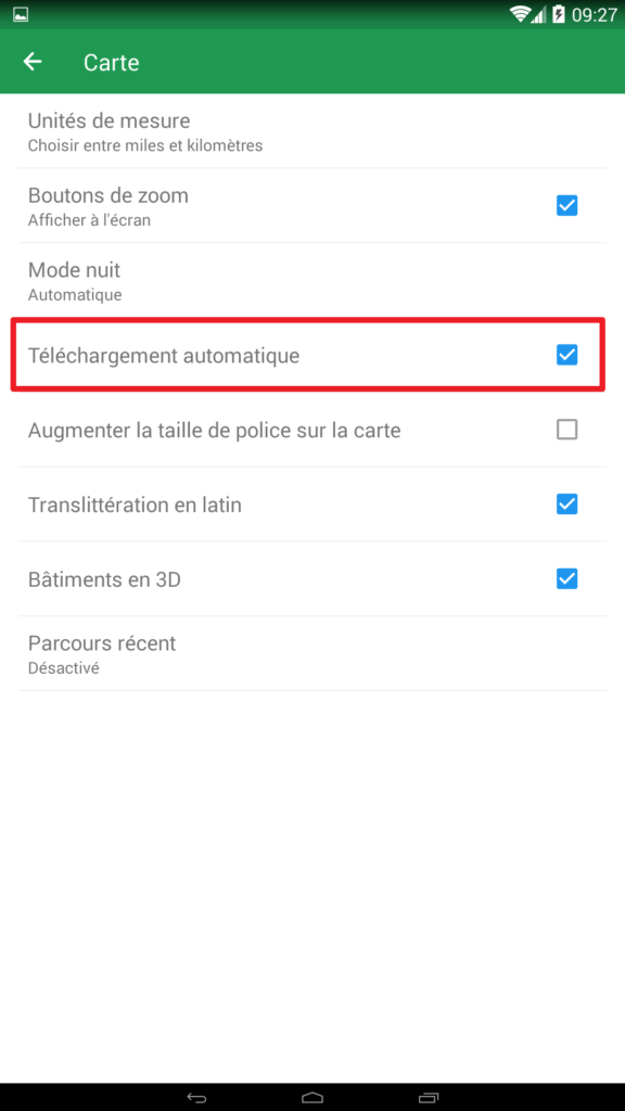 Capture d'écran de l'application Maps.me : paramètre téléchargement automatique des cartes.