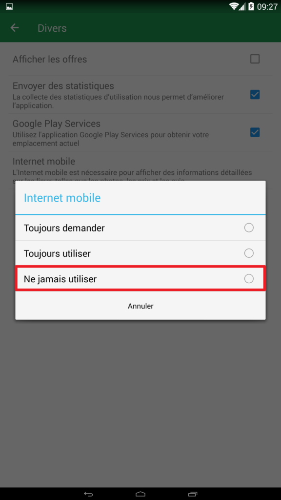 Capture d'écran de l'application Maps.me : paramètre internet mobile.