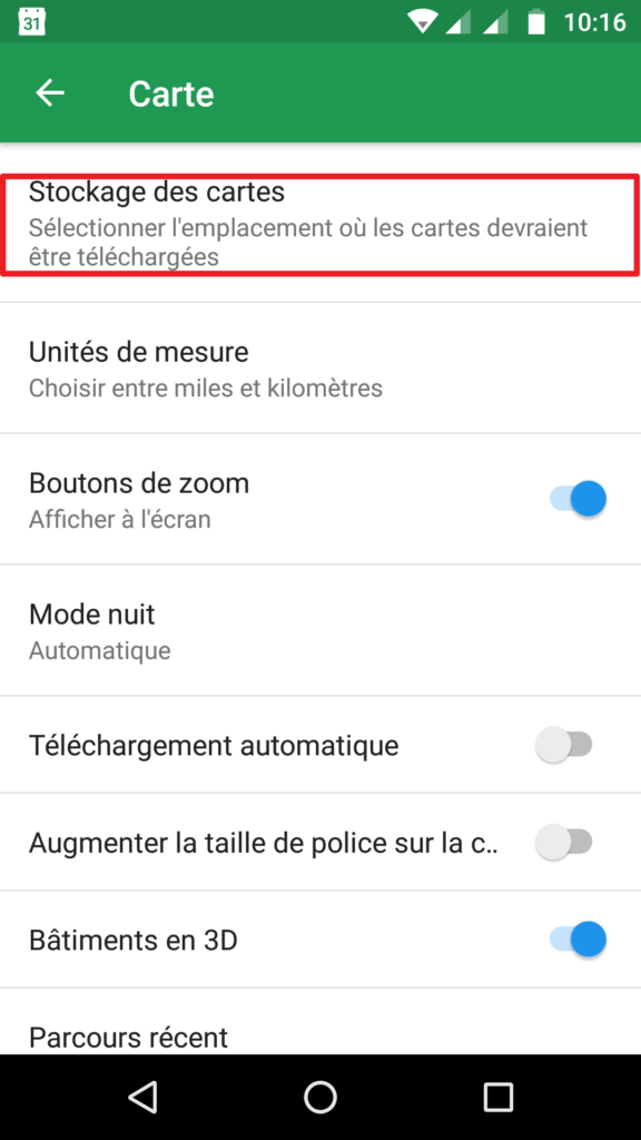 Capture d'écran de l'application Maps.me : paramètre stockage des cartes