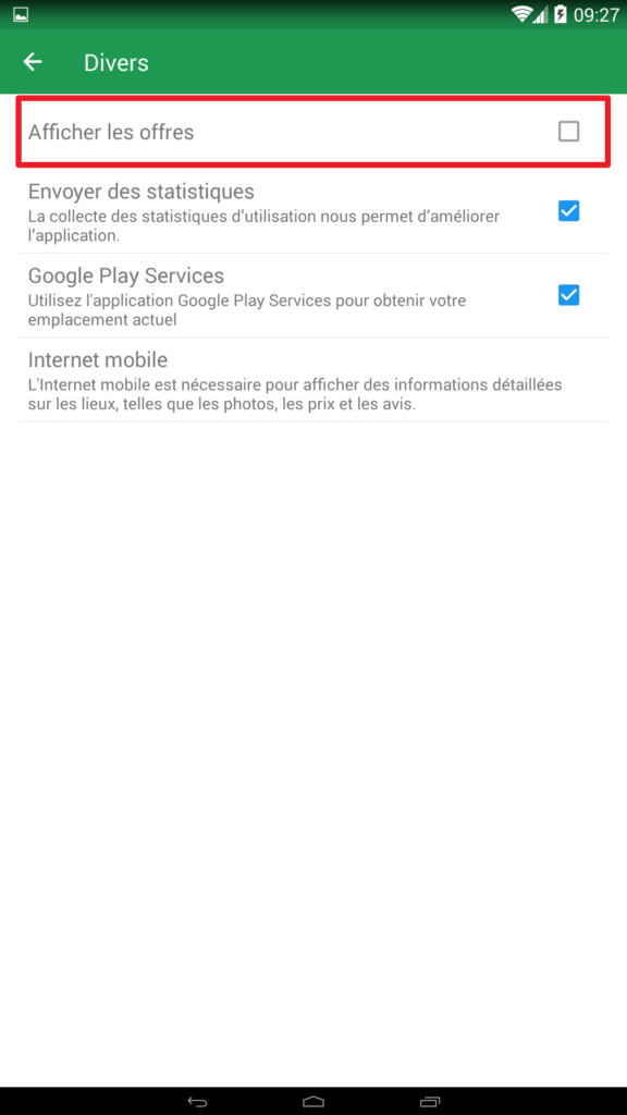 Capture d'écran de l'application Maps.me : paramètre afficher les offres