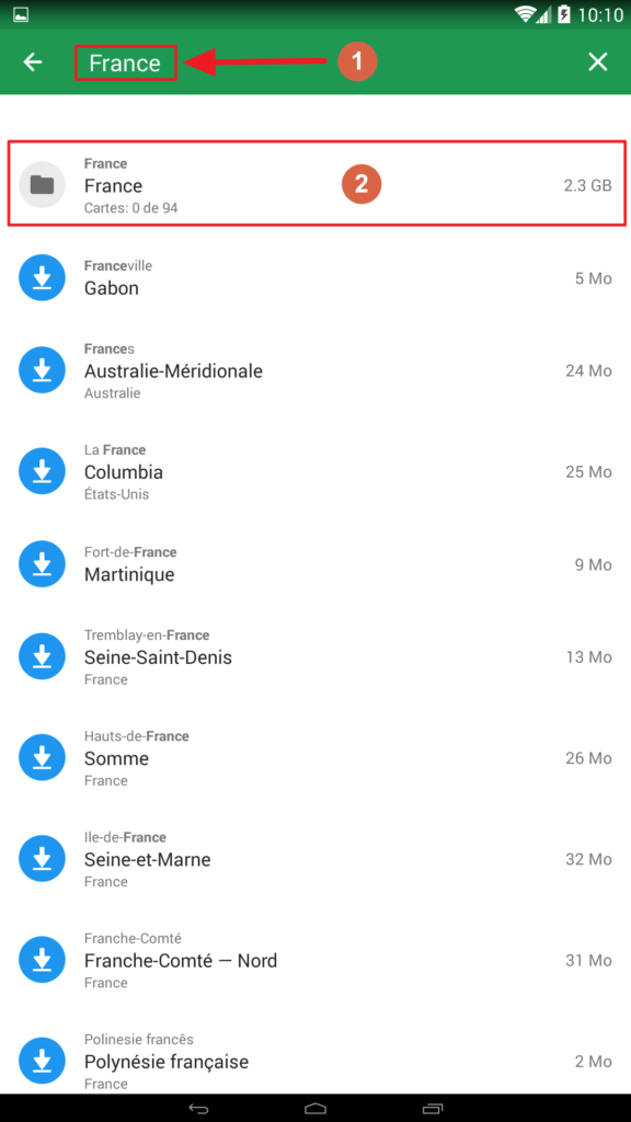 Capture d'écran de l'application Maps.me, résultat de recherche "France".