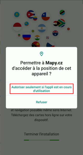 Capture d'écran de l'application Android Mapy.cz, autoriser l'accès à la position de l'appareil
