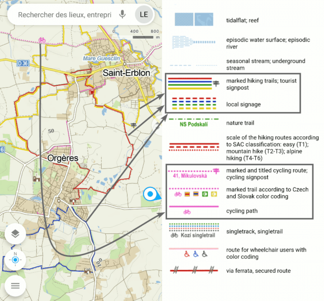 Capture d'écran de l'application Android Mapy.cz, détails de la carte touristique et légende