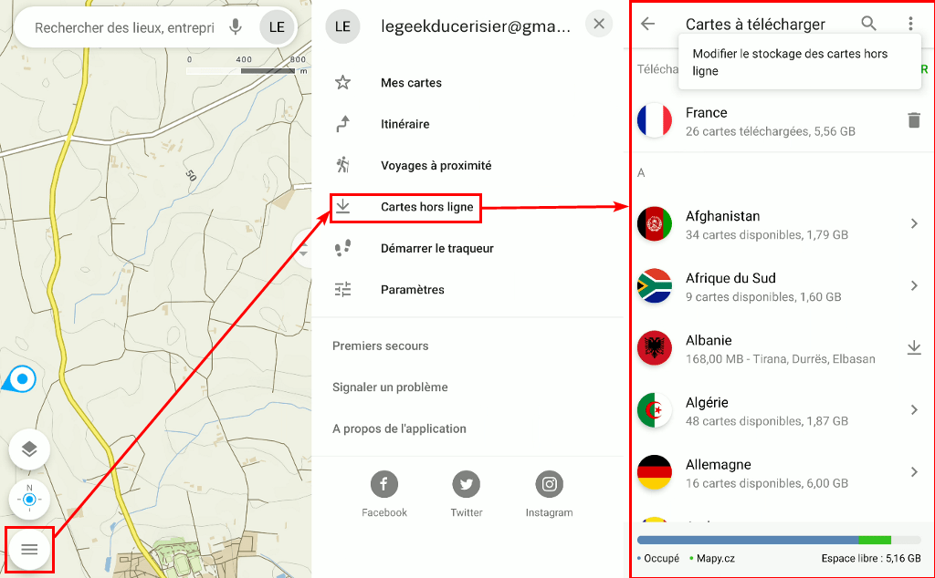 Capture d'écran de l'application Android Mapy.cz - Télécharger ou supprimer des cartes hors ligne, modifier l'emplacement de stockage