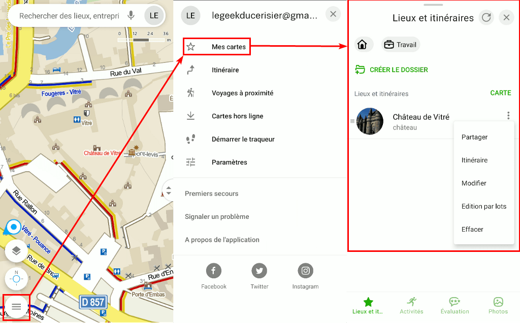 Capture d'écran de l'application Android Mapy.cz, consultation des lieux enregistrés