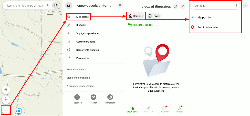 Capture d'écran de l'application Android Mapy.cz, définir l'emplacement du travail et/ou du domicile