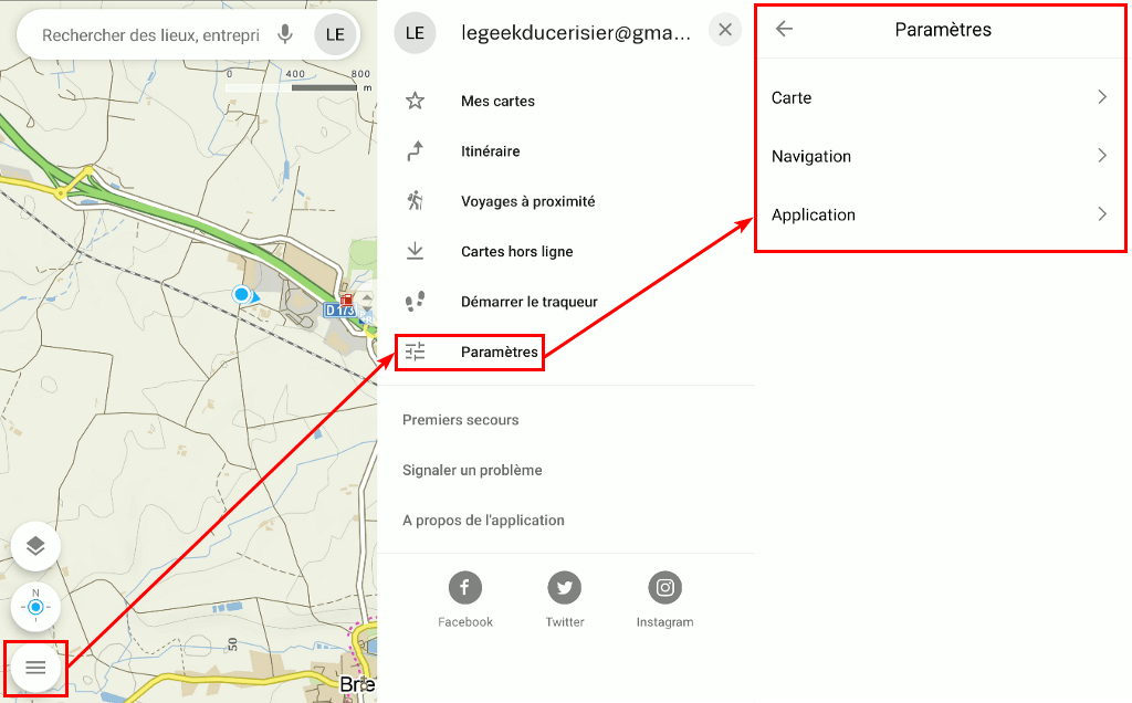 Capture d'écran de l'application Android Mapy.cz, ouverture des paramètres de l'application