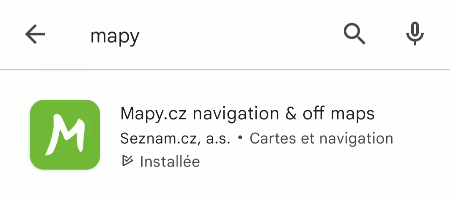 Application Mapy.cz listée sur le Play Store en recherchant Mapy