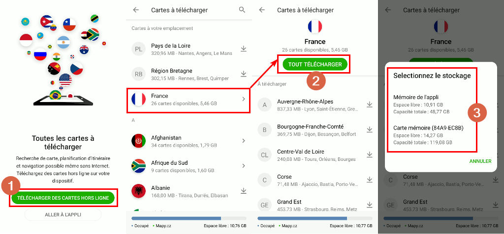 Capture d'écran de l'application Android Mapy.cz, montrant des pays, un bouton "Tout télécharger" et des boutons de téléchargement individuels pour chaque élément